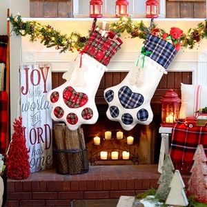 Plaid Cat Pet Christmas Dog Paw Stocking Socks Xmas Tree Hanging Ornaments Gift